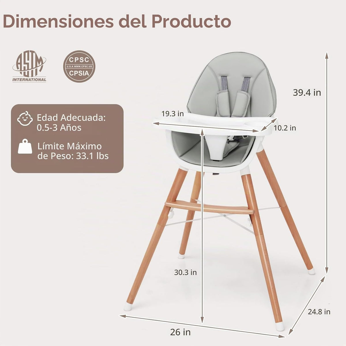 HONEY JOY Silla alta para bebé, trona de madera de haya para bebés...