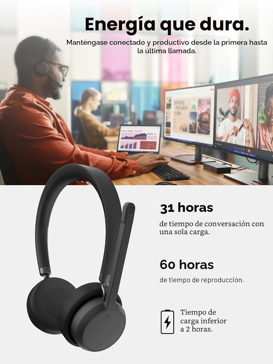 Lenovo Auriculares estéreo inalámbricos, micrófono con cancelación...