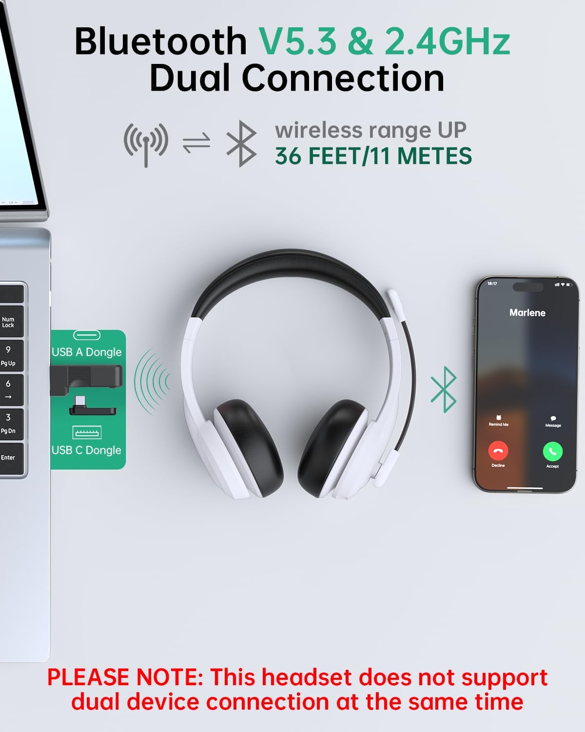AOC Auriculares inalámbricos con micrófono para trabajo, cancelació...