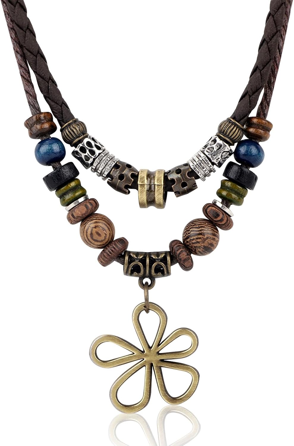 Mikovivi Collar de cuentas de madera multicapa con pendientes de fl...