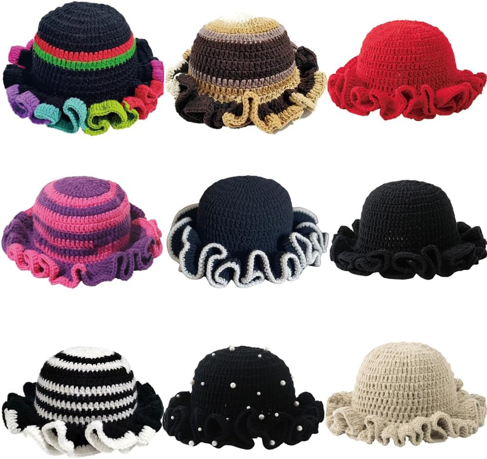 AMOFIA Gorro de punto para mujer, gorro de ganchillo con volantes,...