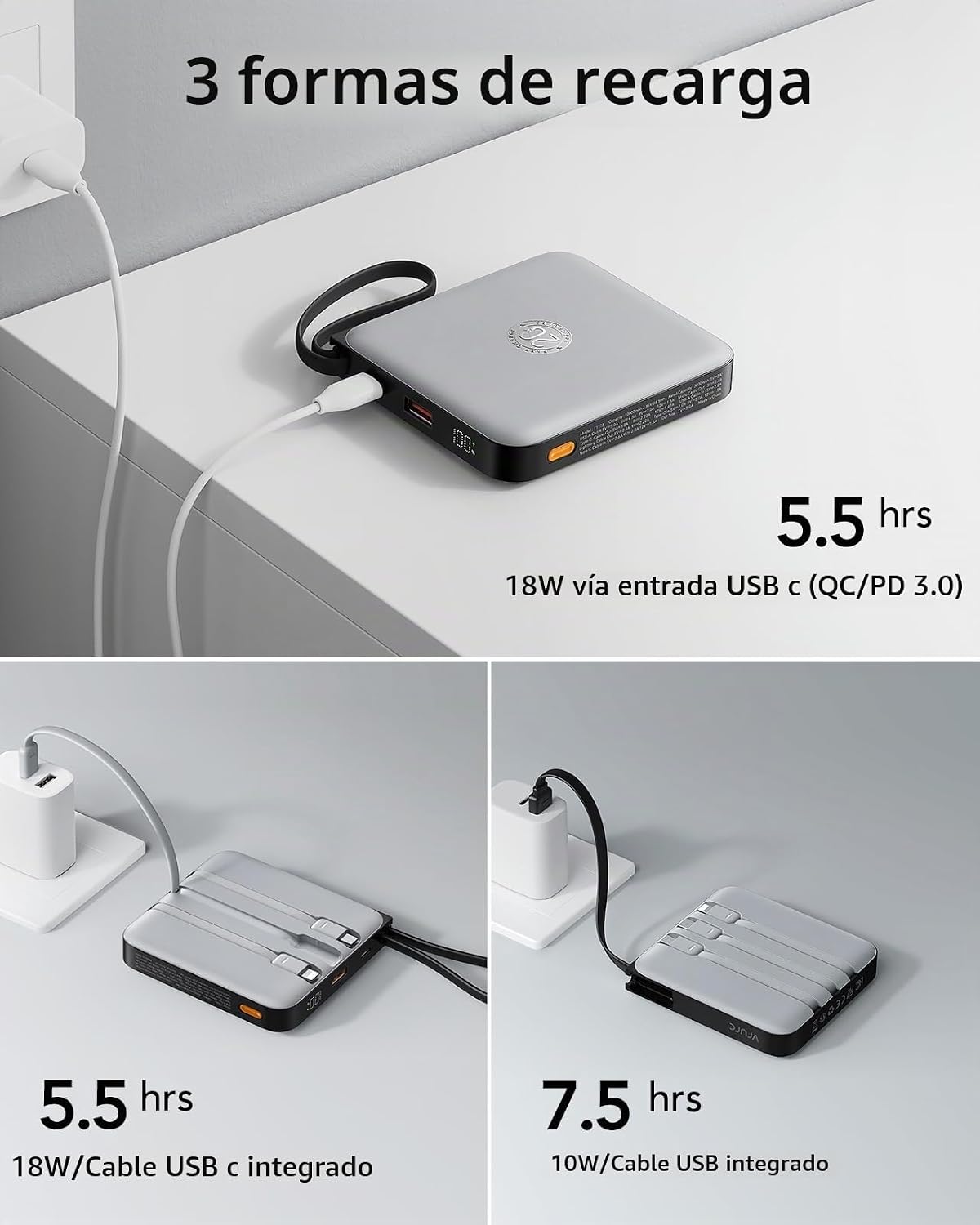 Banco de energía de 20000 mAh con 4 cables integrados, esenciales d...