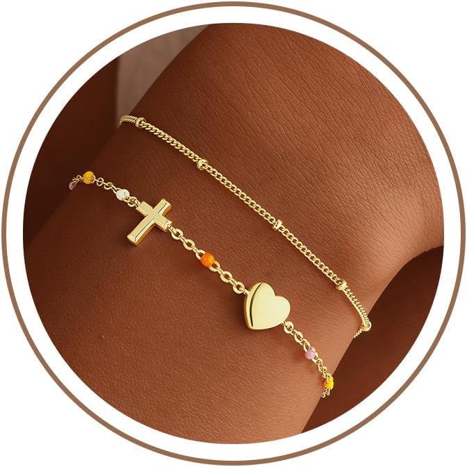 Turandoss Pulsera de cruz para mujer, chapada en oro de 14 quilates...