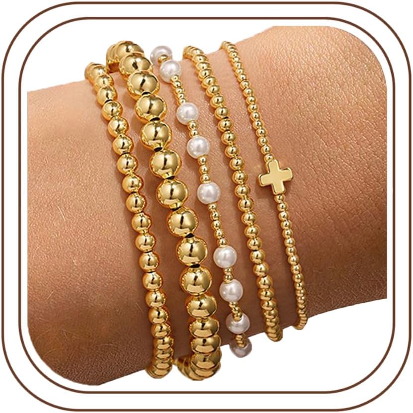 Yoosteel Juego de pulseras de cuentas de oro para mujeres, adolesce...