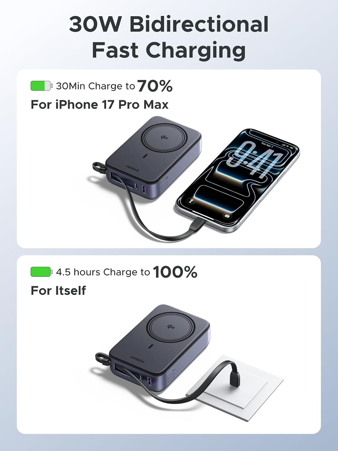 UGREEN 20000mAh Qi2 15W Banco de energía, cable incorporado PD 30W...