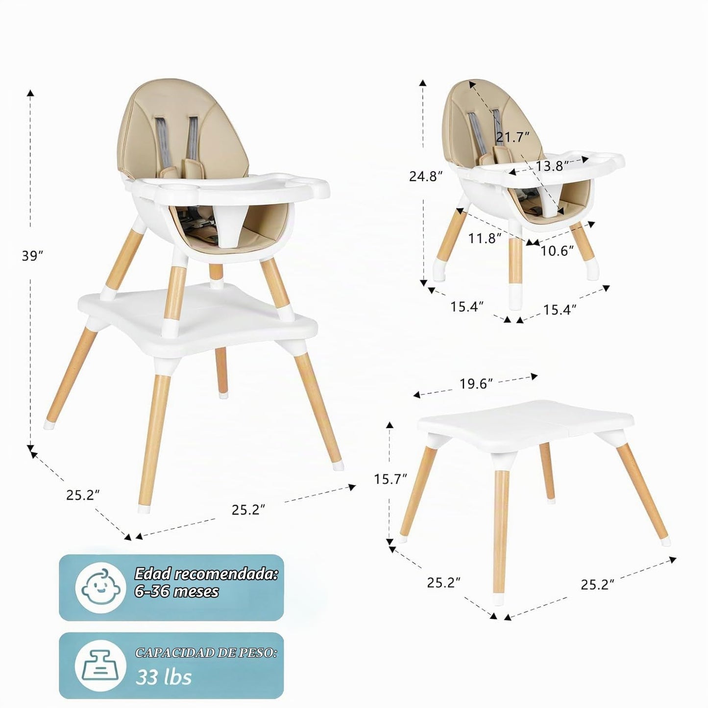 Silla alta 6 en 1 para bebés y niños pequeños, silla alta de madera...