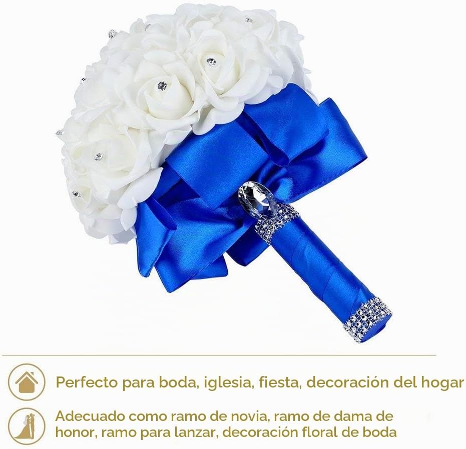 Febou Ramo de boda, ramo de dama de honor azul hecho a mano con cin...