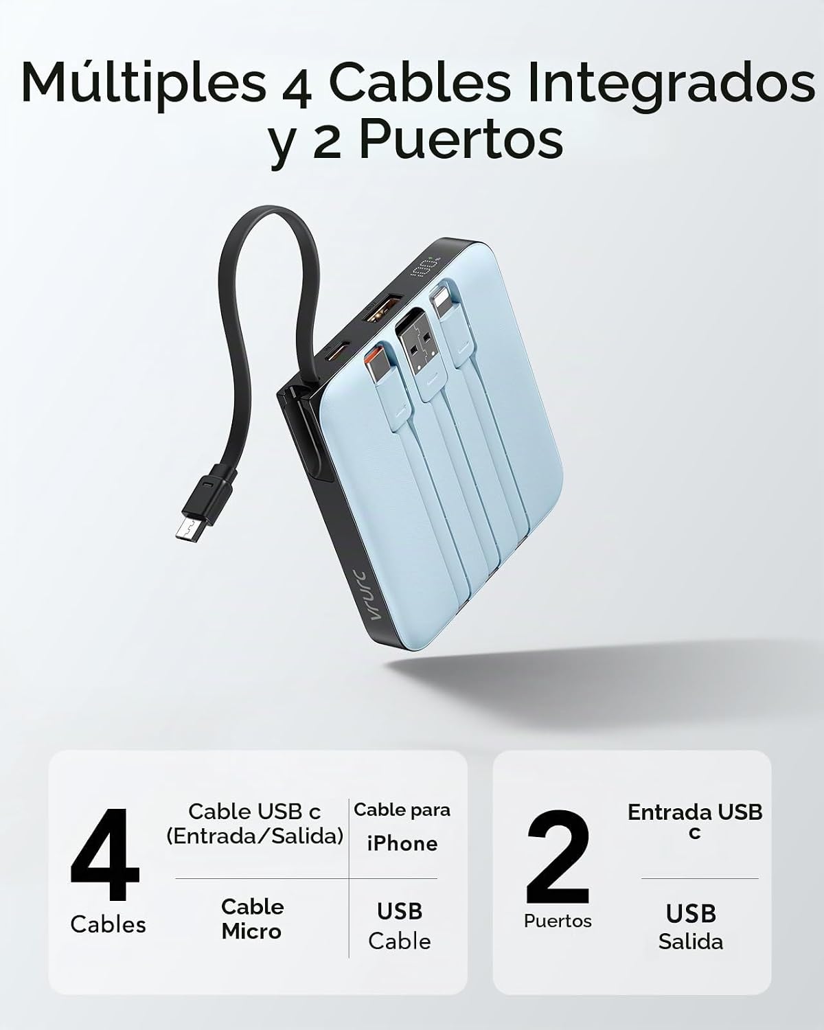 VRURC Cargador portátil con 4 cables incorporados, paquete de bater...