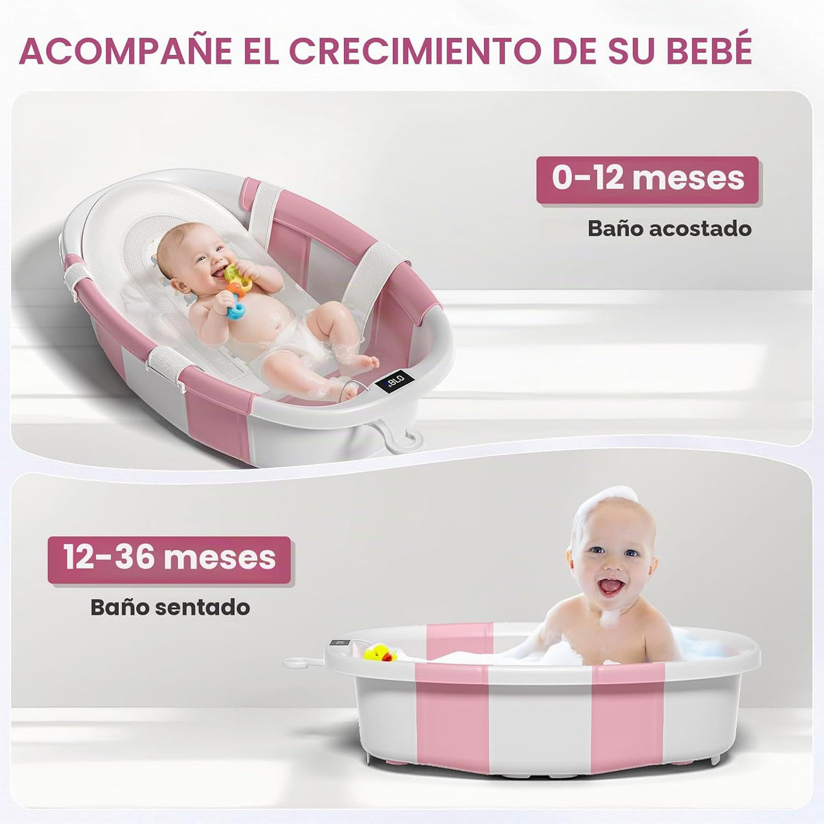 Bañera plegable para bebé con cojín suave y termómetro, para recién...