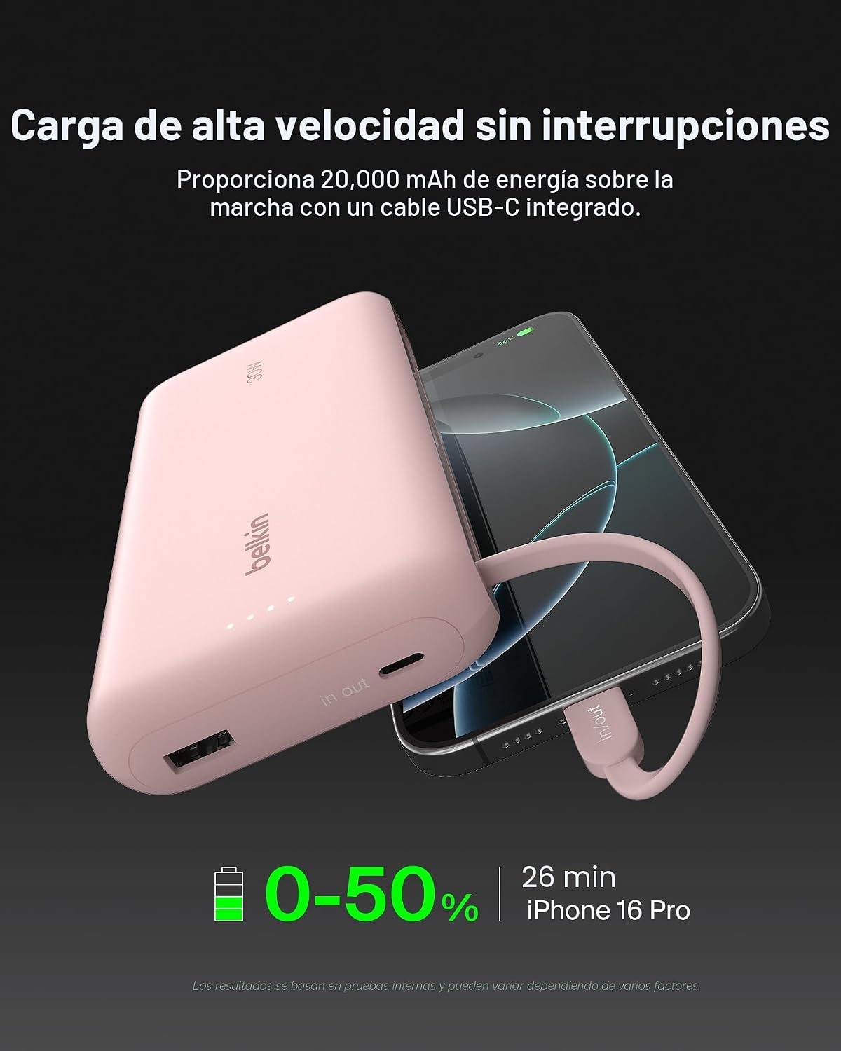 Belkin Cargador portátil, banco de energía con cable integrado de 2...