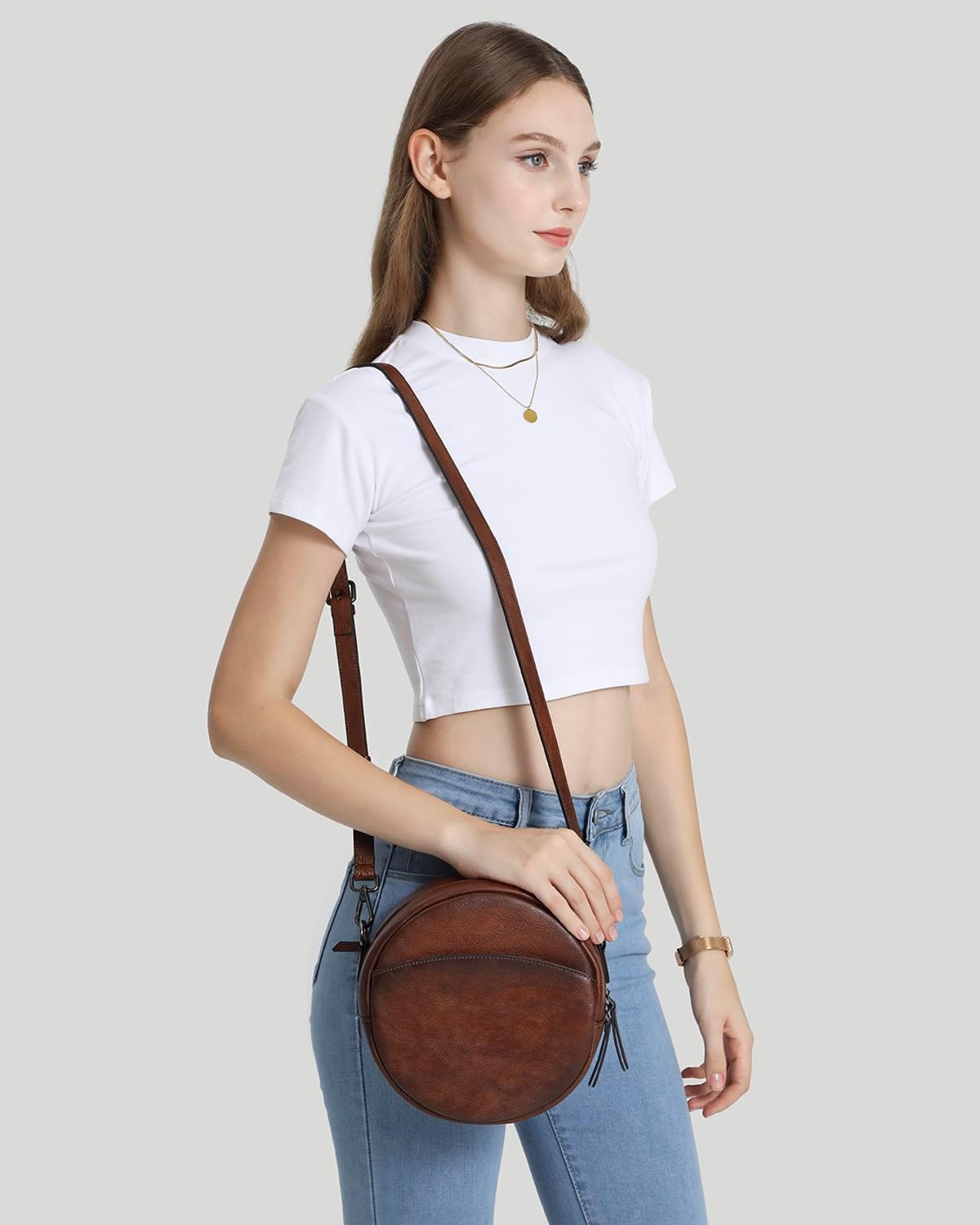 COOLCY Bolsos cruzados de cuero, bolso de hombro circular, bolso re...