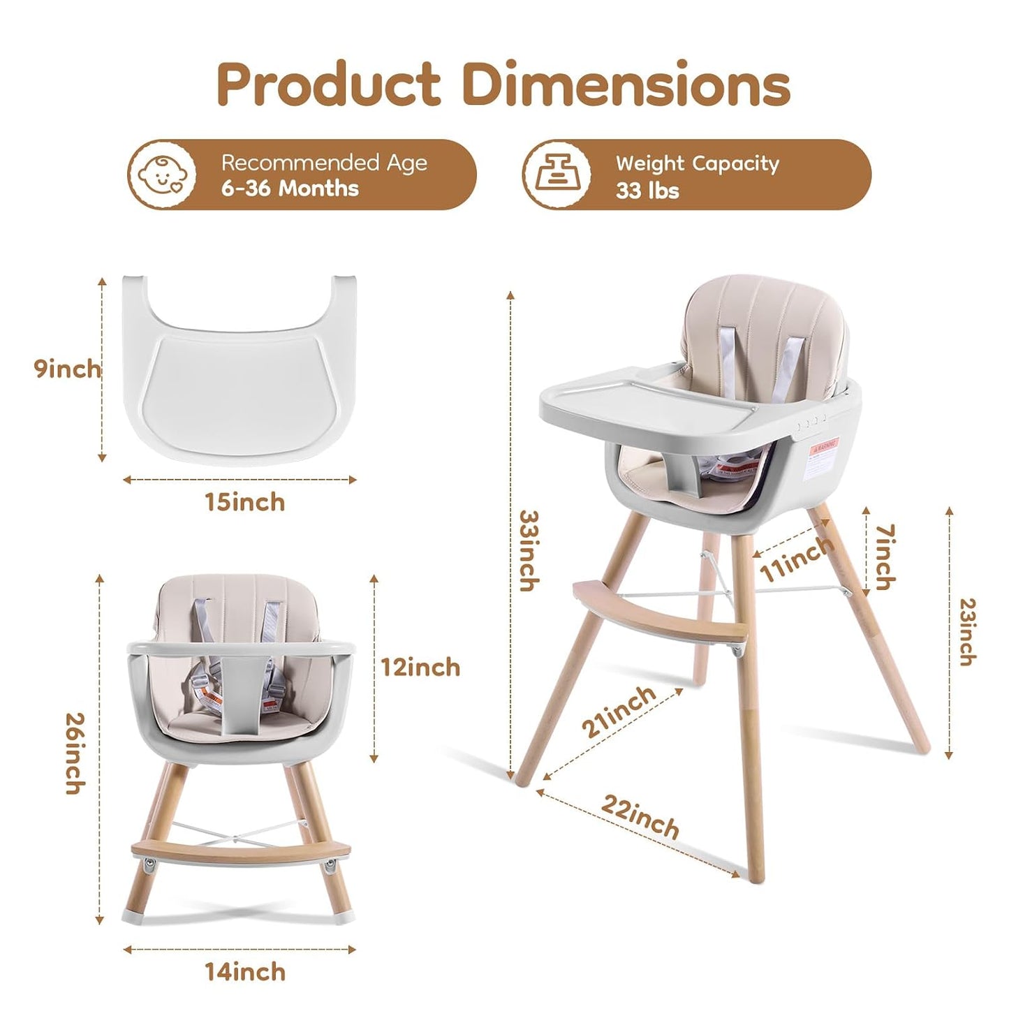 Sillas altas para bebés y niños pequeños, silla alta de madera conv...
