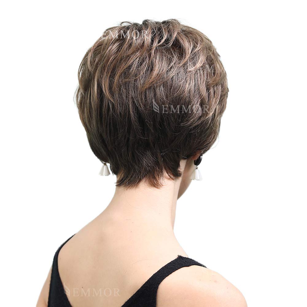EMMOR Pelucas cortas de cabello humano castaño mezclado sintético c...