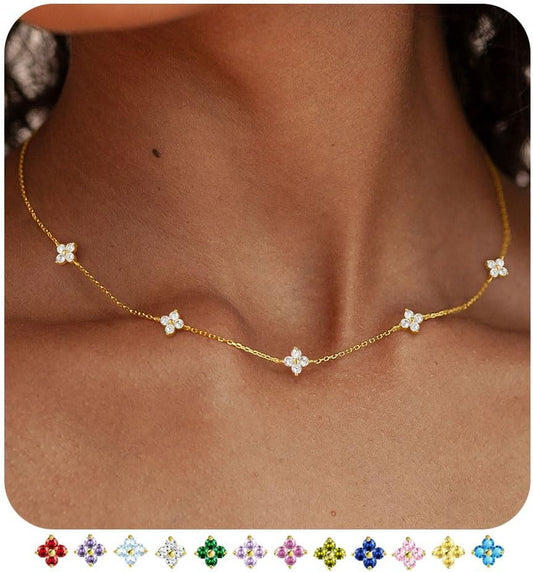 SOLEVAN Collares delicados de trébol con piedra de nacimiento en or...