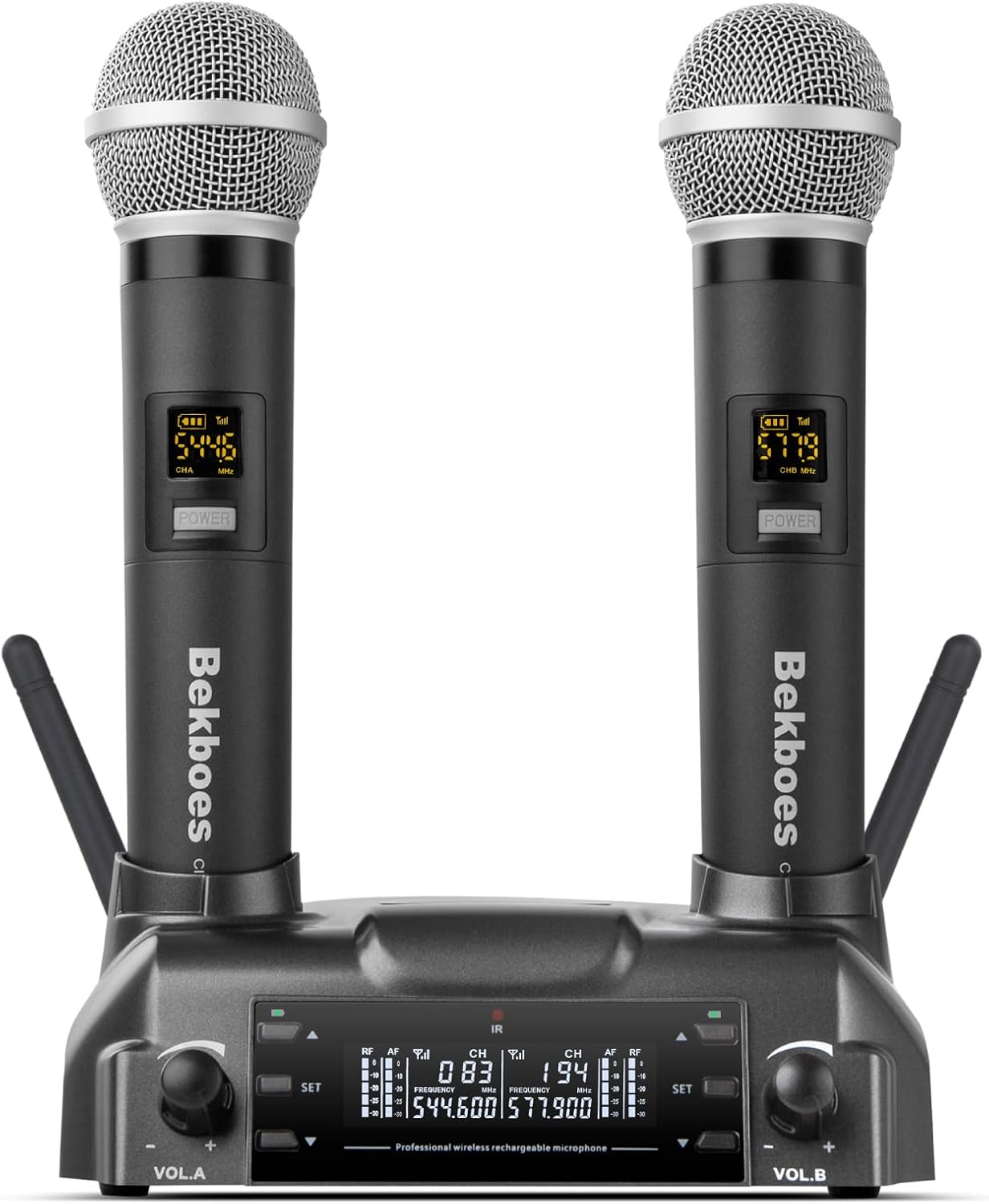 BEKBOES - Sistema de micrófono inalámbrico UHF de doble mano recarg...