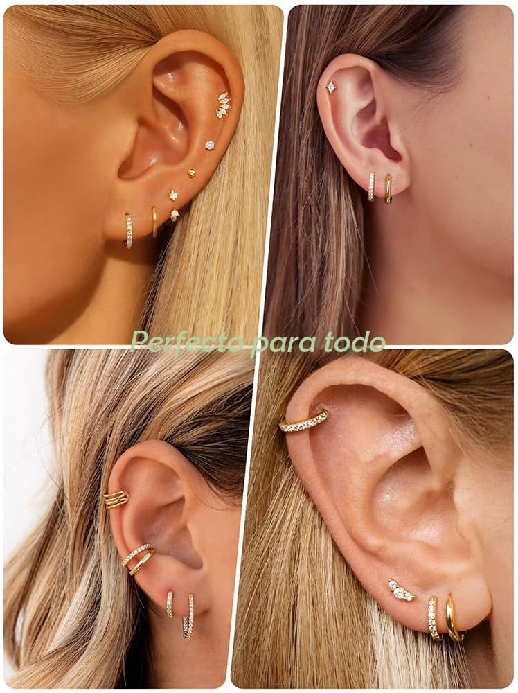 5 pares de pendientes de aro chapados en oro de 14 quilates para mu...