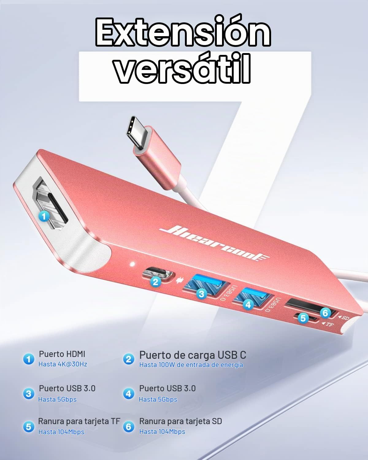 Hiearcool - Hub USB C 7 en 1, compatible con MacBook, oro rosa | 4K...