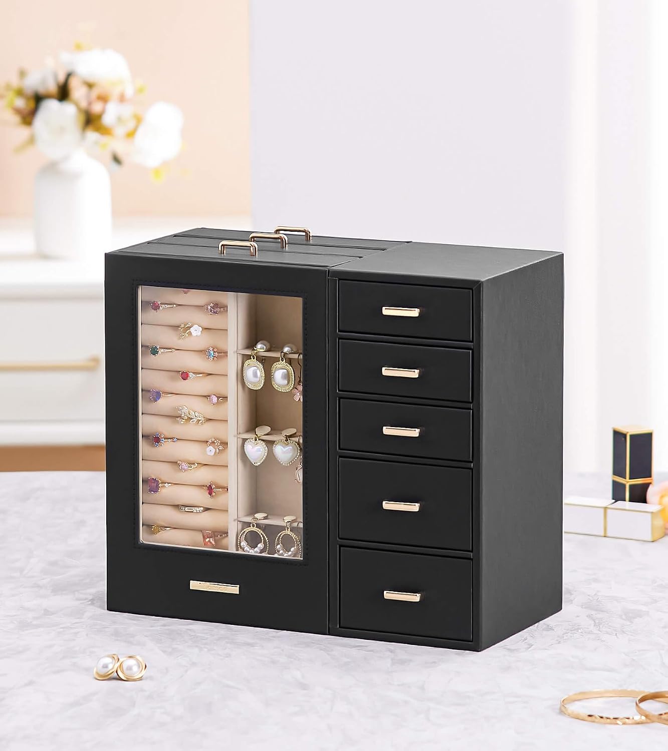 Homde - Gran joyero\/organizador\/caja con ventana de vidrio, cajon...