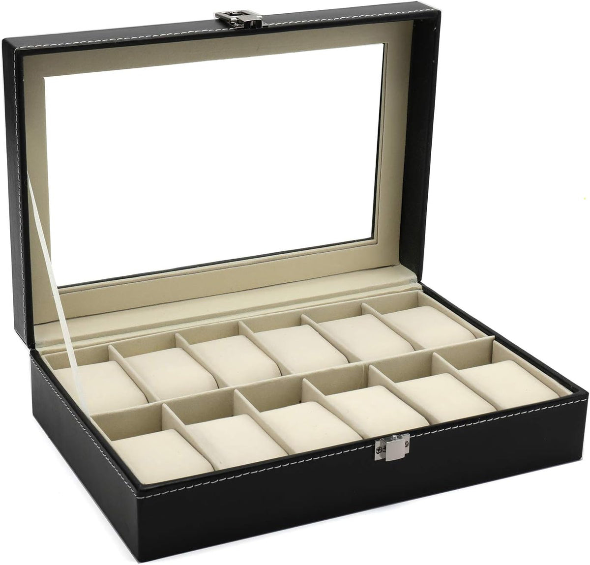 Hedume Caja de reloj de cuero con 12 ranuras para reloj, organizado...