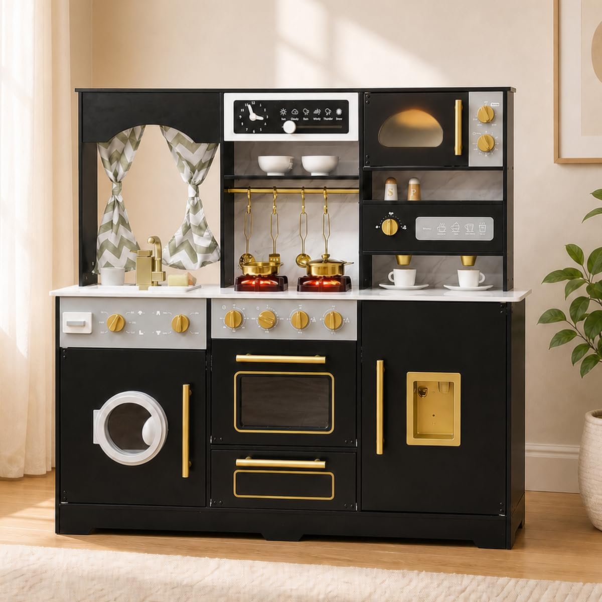 Cocina de juego de madera con luz y sonido, fregadero de juguetes y...