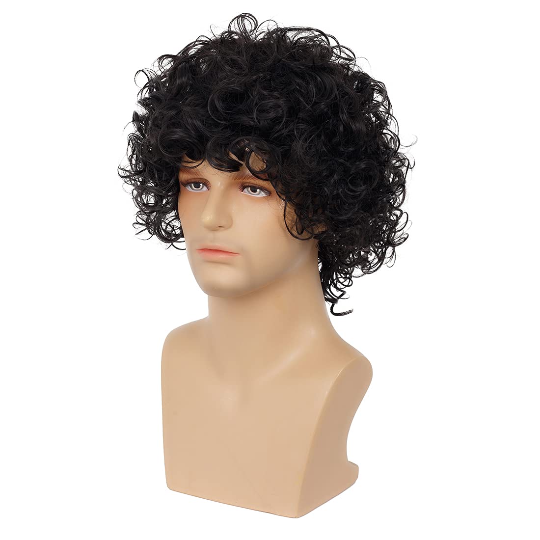 Wiwige Peluca rizada corta para hombre, peluca sintética negra para...