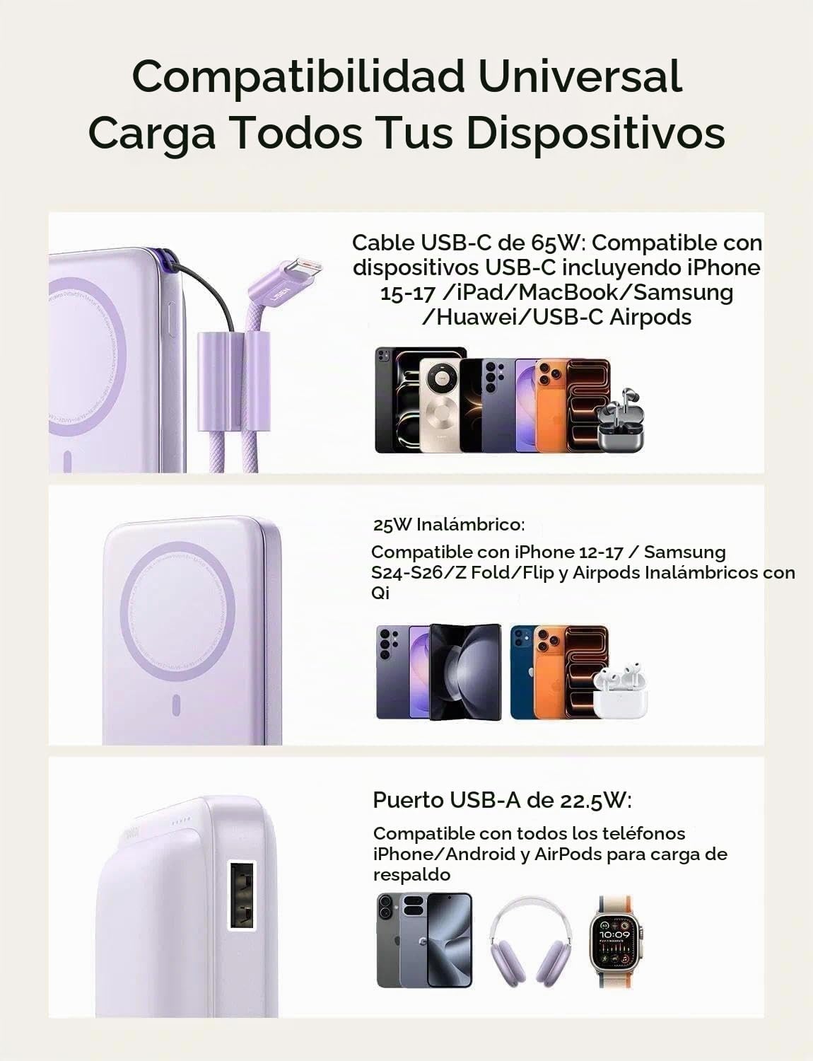 LISEN Cargador portátil magnético para iPhone 10000mAh | QI2.2 Carg...