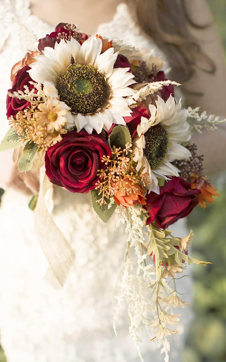 Ansofi Ramos de boda de girasol vintage de 9 pulgadas para novia Bo...
