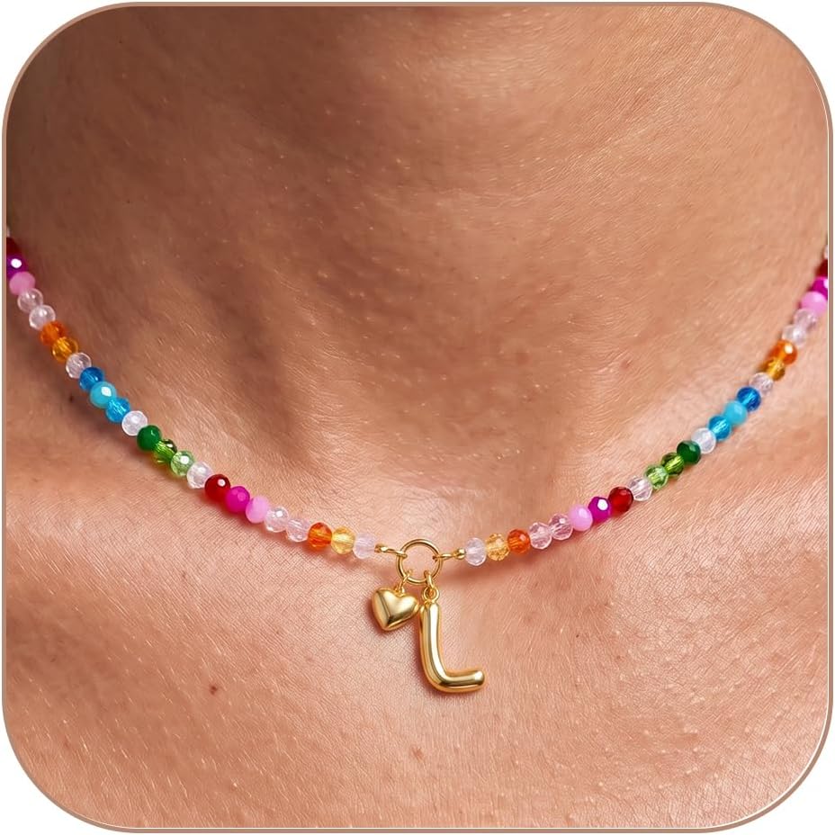 LOVEZORA Collar con inicial para mujer, collares de cuentas de colo...