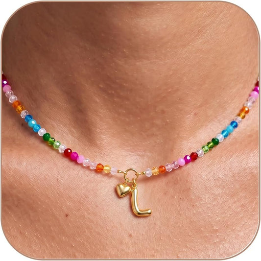 LOVEZORA Collar con inicial para mujer, collares de cuentas de colo...