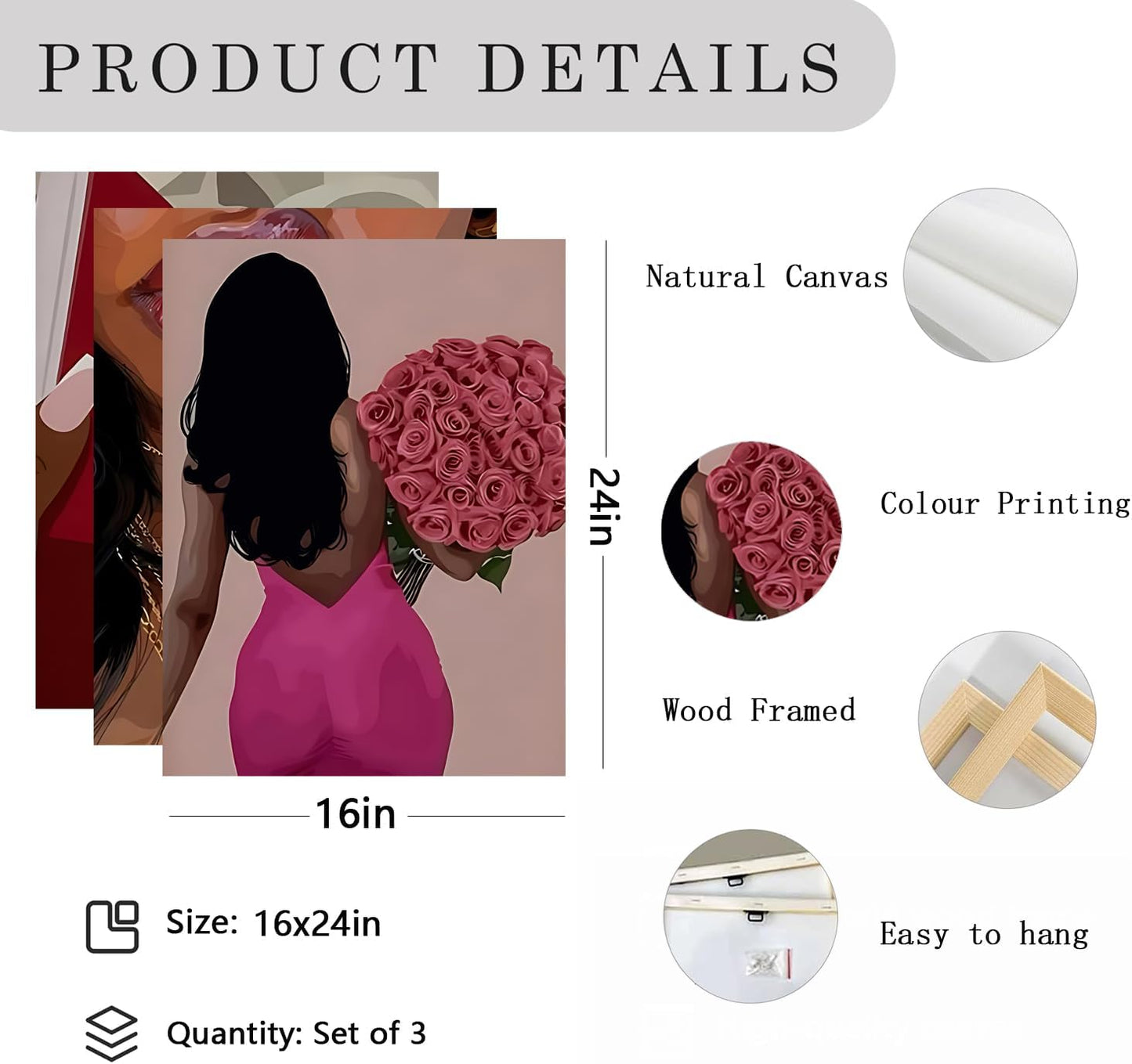 Arte de Pared de Lienzo de Mujer Negra de Moda Rosa, Juego de 3, Ar...