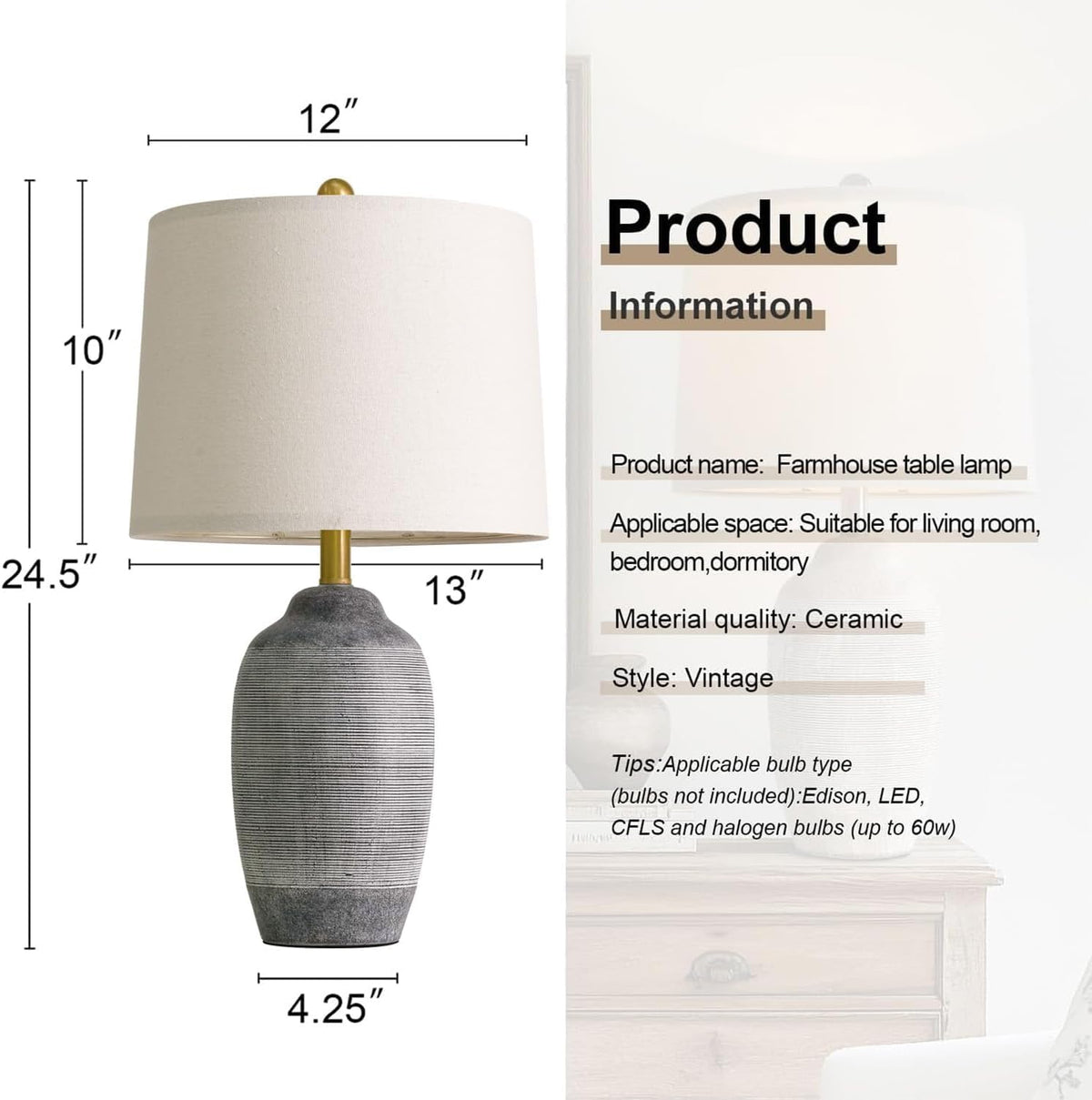USumkky Lámpara de mesa vintage de cerámica de 24.5 pulgadas con ca...