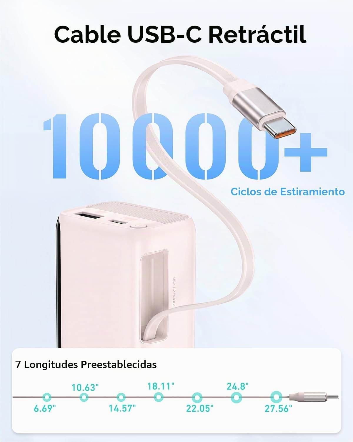 MOKiN Cargador portátil con cable USB-C retráctil integrado, cargad...