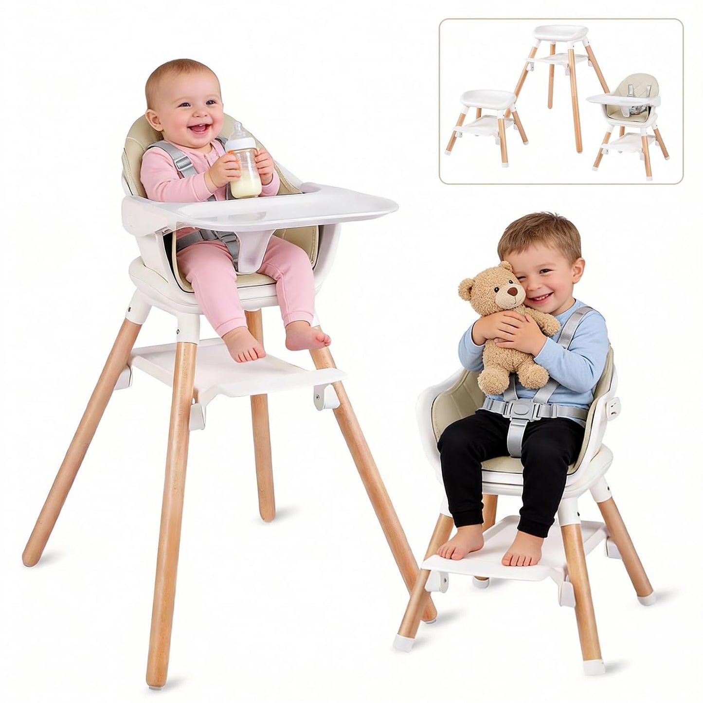 Silla alta para bebé 6 en 1, sillas altas convertibles de madera, c...