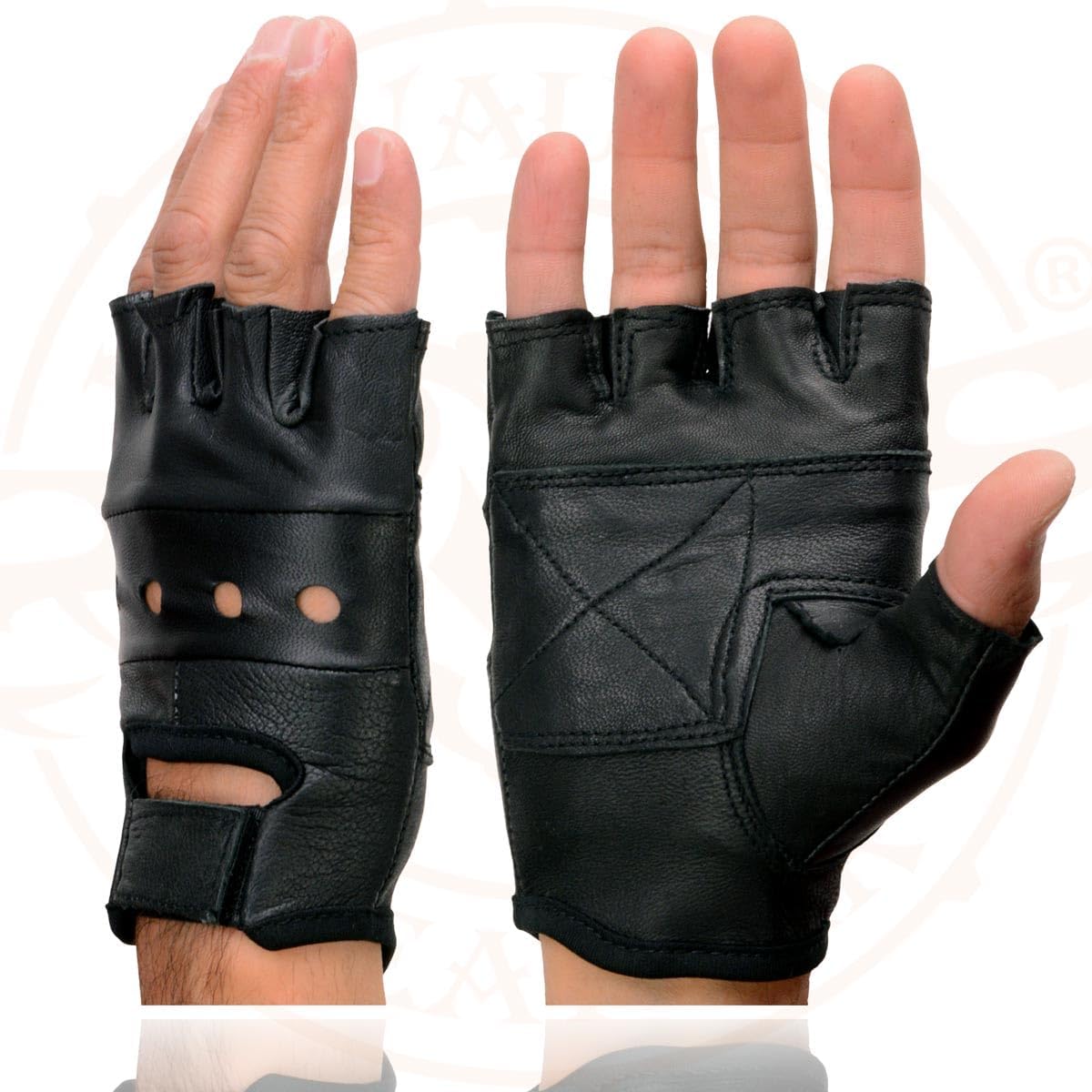Milwaukee Leather SH216 - Guantes sin dedos de cuero negro con palm...