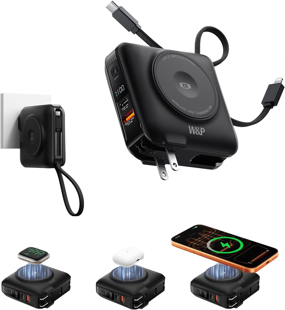 Cargador portátil magnético de carga rápida W&P de 45 W con 2 cable...