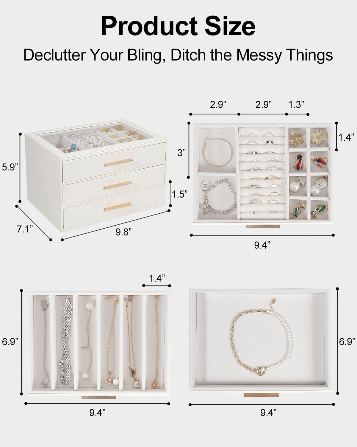 GUOER Joyero para mujer, organizador de joyas con tapa de vidrio co...