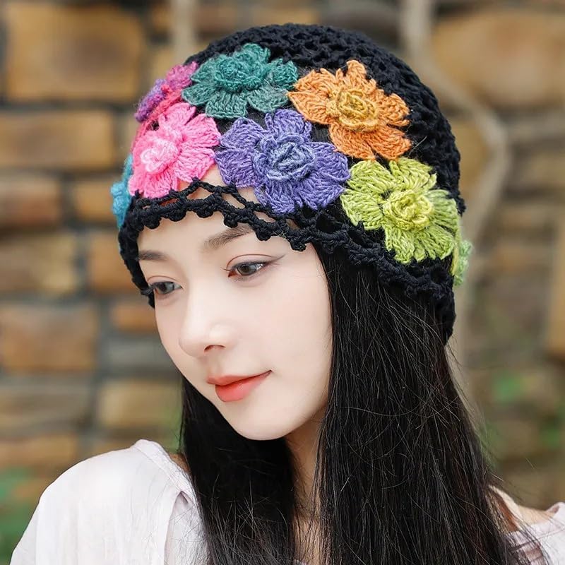 SHIDXIB 1 gorro de punto con diseño de flores de ganchillo, estilo...