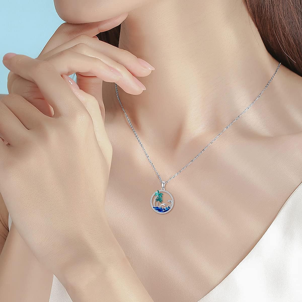 PROESS Collar de plata de ley S925 con diseño de playa y delfín, pi...