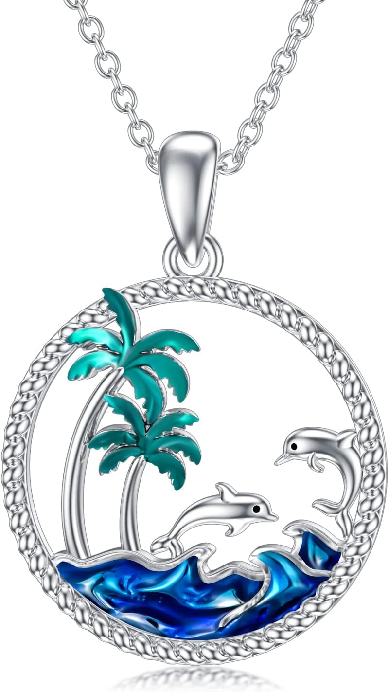 PROESS Collar de plata de ley S925 con diseño de playa y delfín, pi...