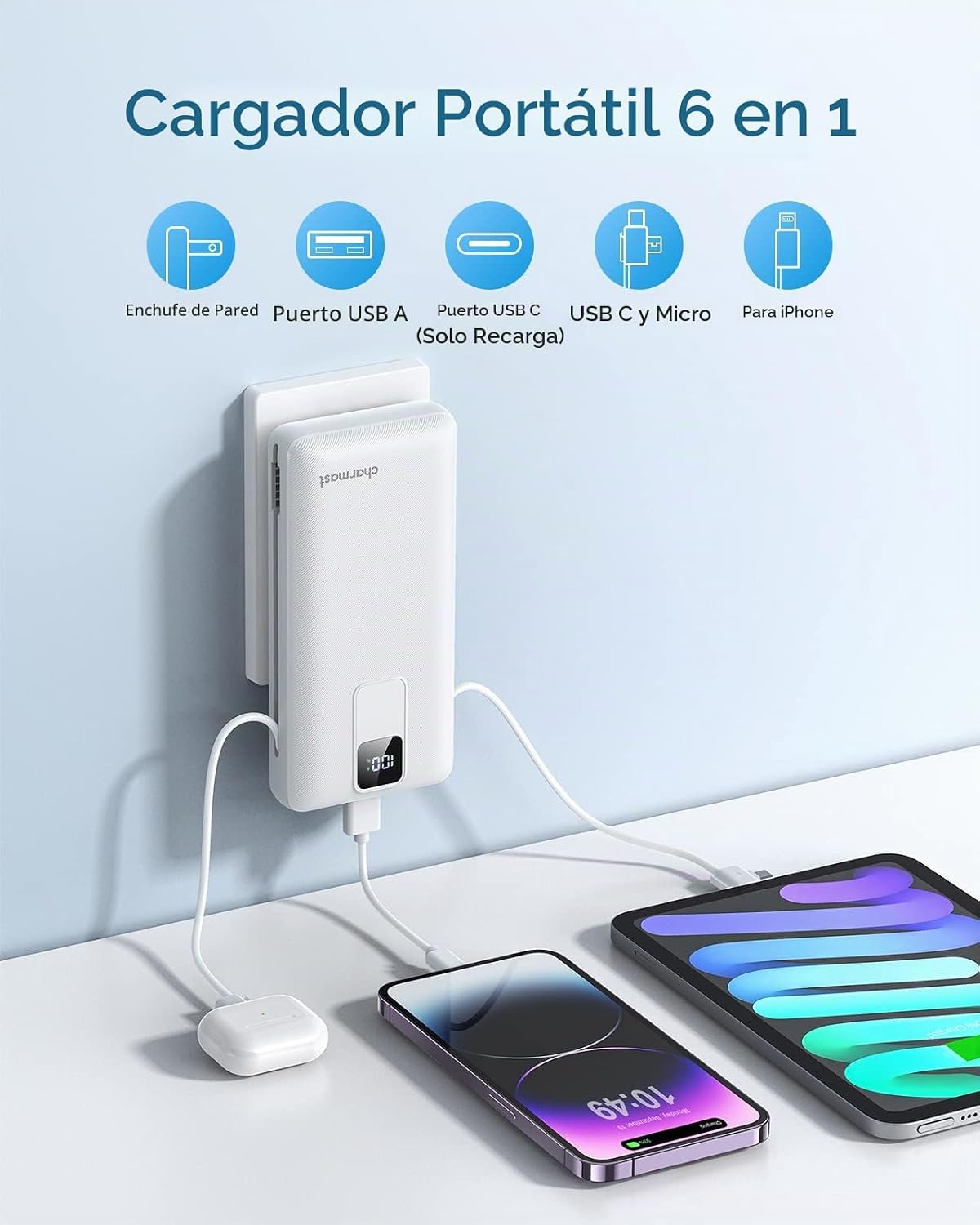 charmast Cargador portátil con cables integrados y enchufe de pared...