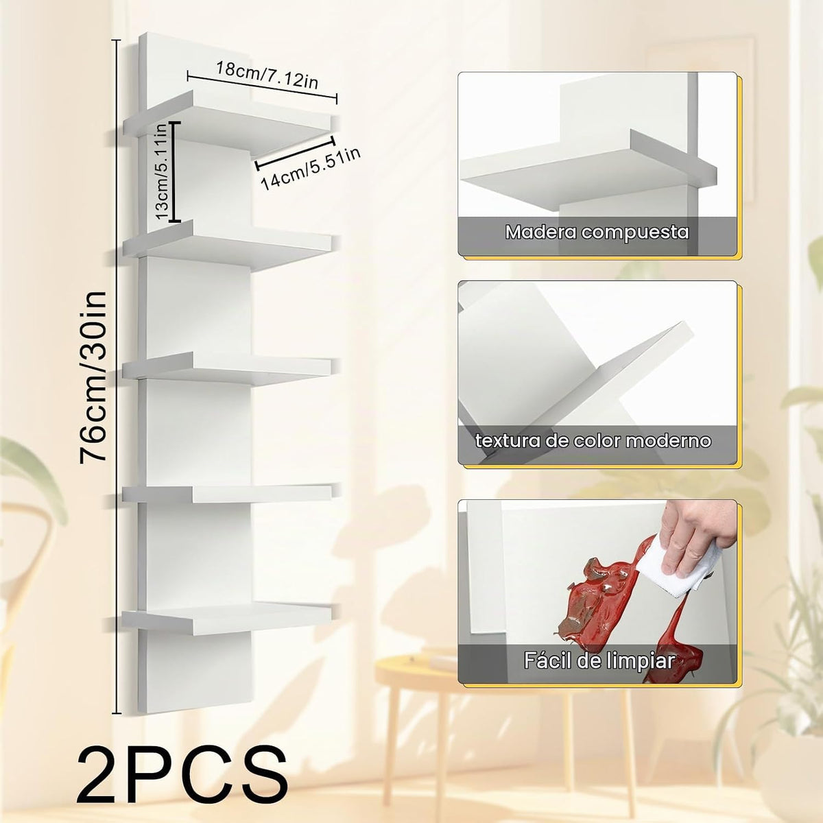 Paquete de 2 estantes de pared de 5 niveles, acabado laminado suave...