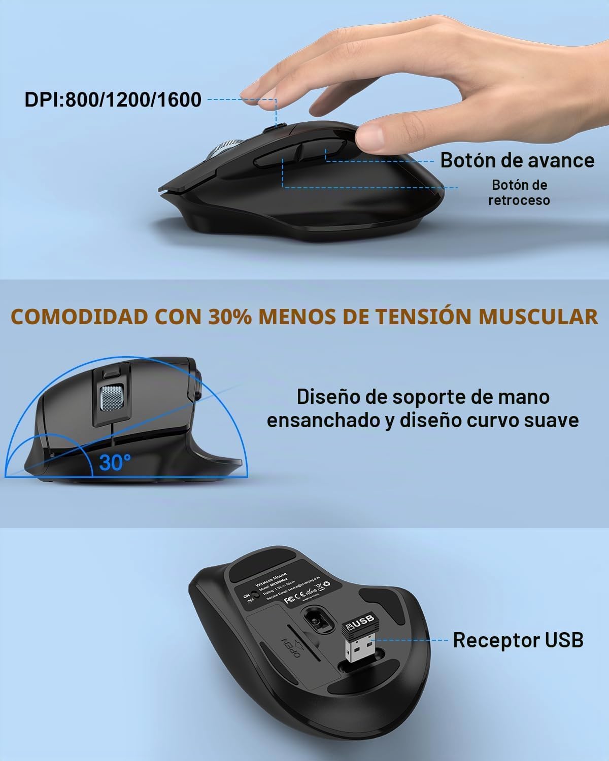 Combo ergonómico de teclado y mouse inalámbricos, teclas onduladas...