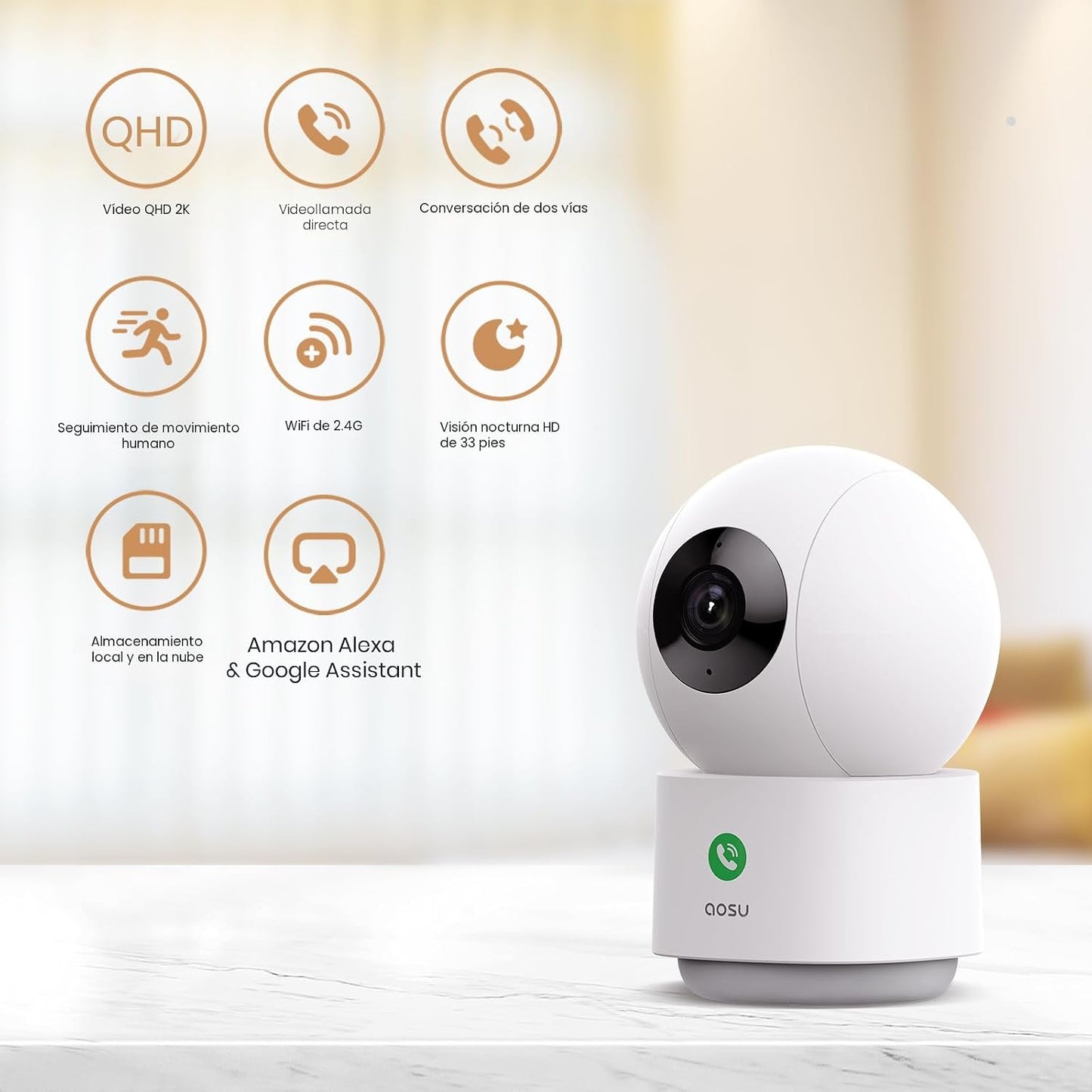 aosu Cámara de seguridad 2K para interiores, monitor de bebé, cámar...