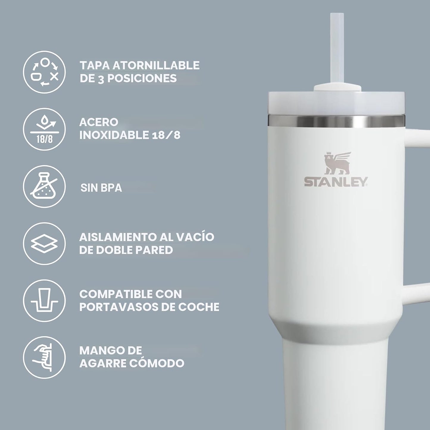 Stanley Quencher H2.0 - Vaso de acero inoxidable con asa, pajilla y...