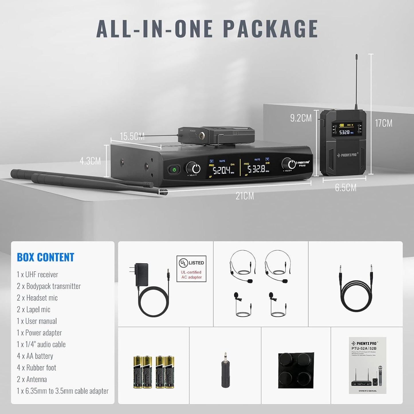 Phenyx Pro Sistema de micrófono inalámbrico UHF con frecuencias sin...