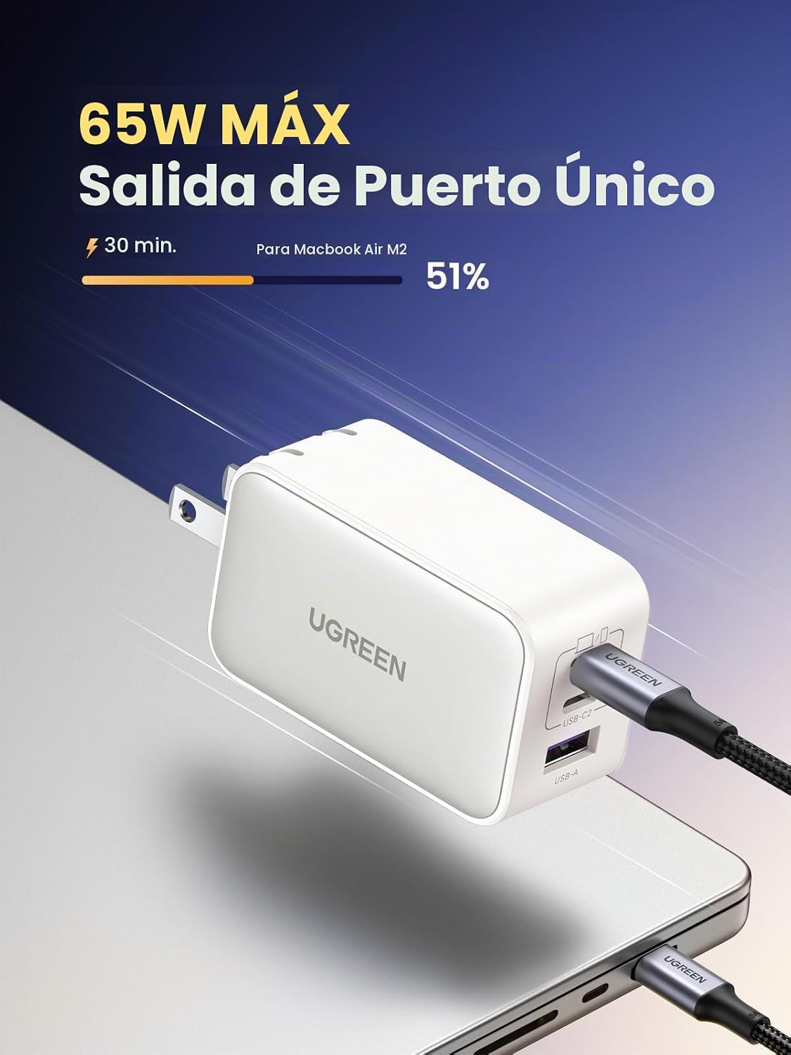 UGREEN Bloque de cargador USB C de 65 W, Nexode 3 puertos GaN Fast...