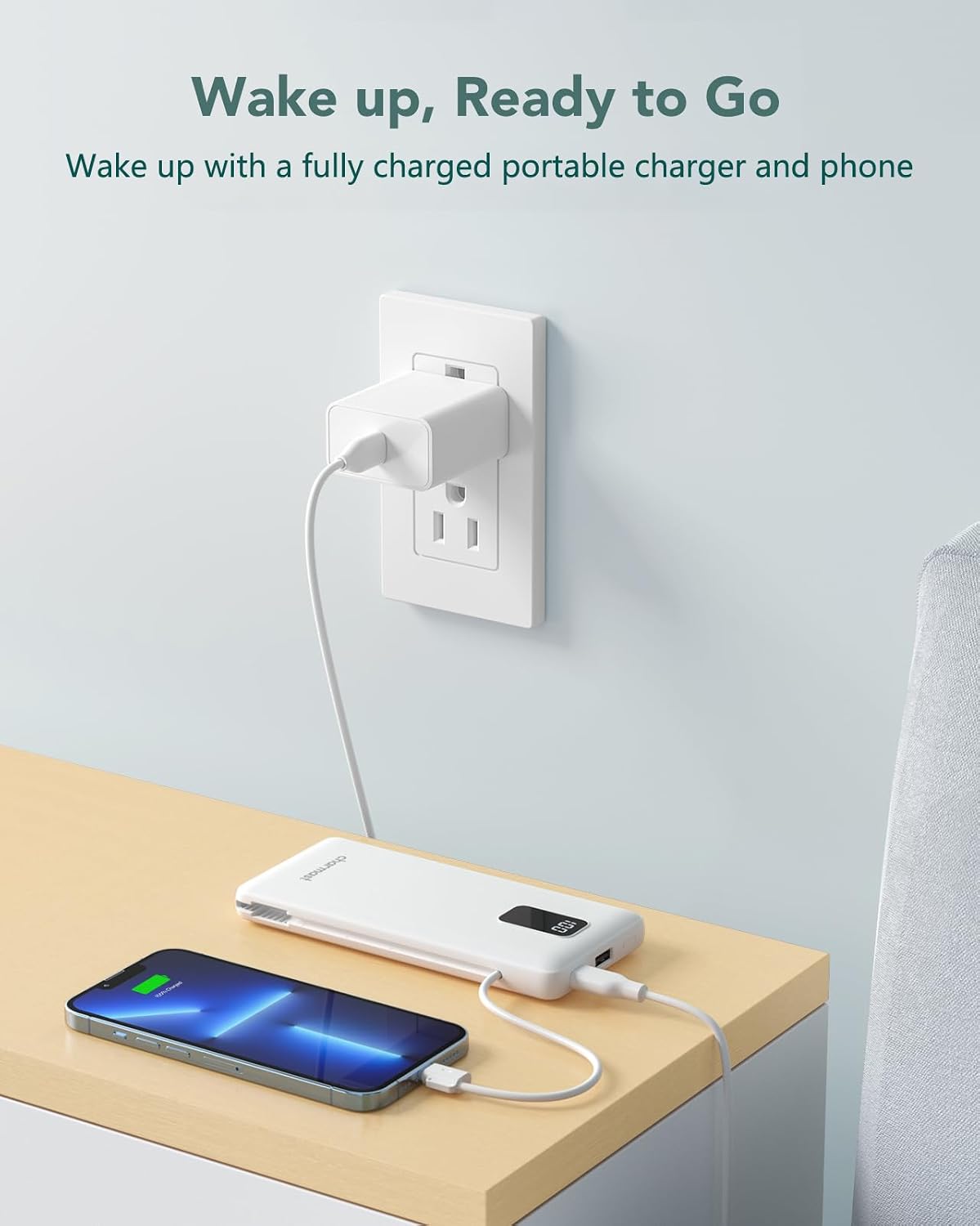 charmast Cargador portátil con cables integrados y enchufe de pared...