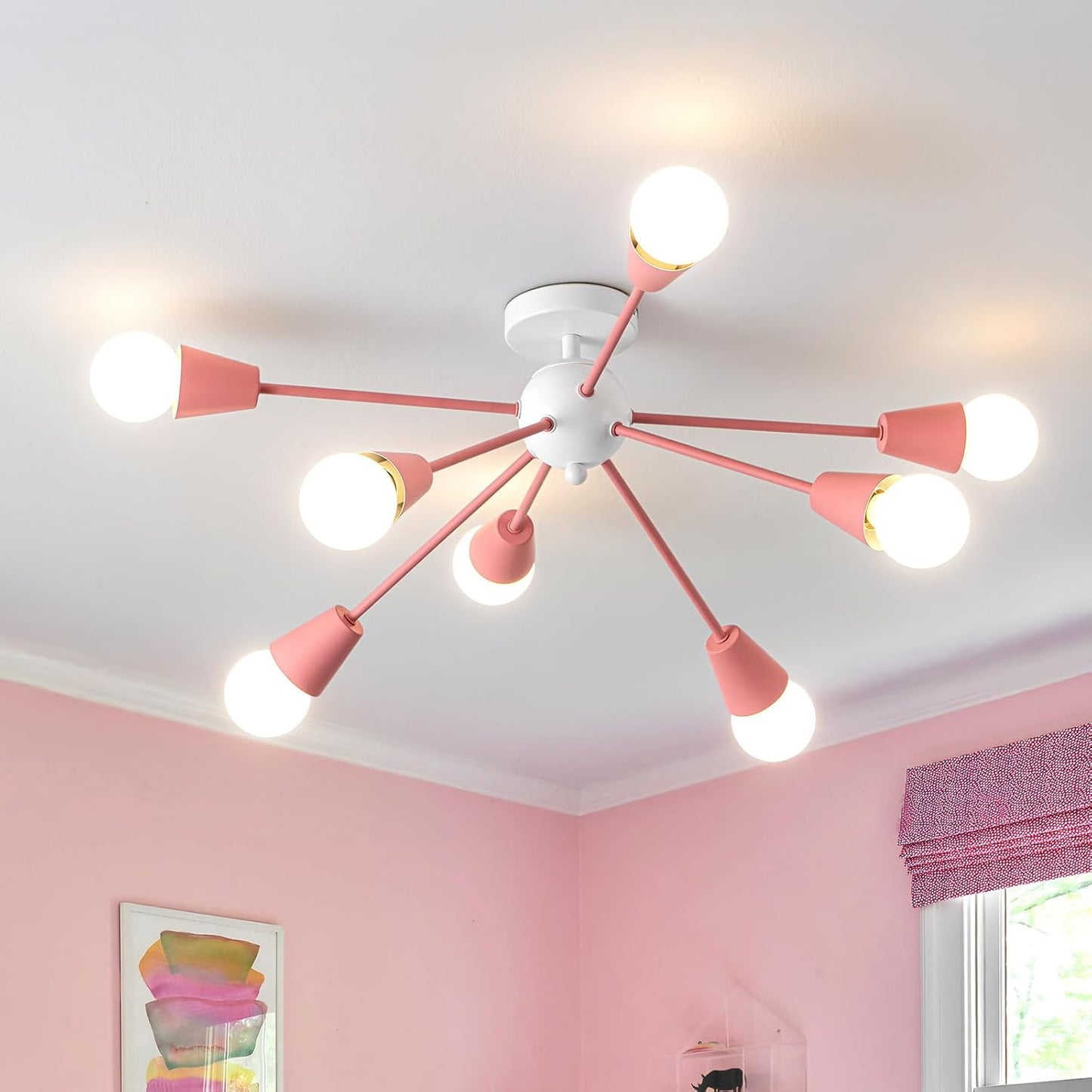 Lámpara de techo de araña Sputnik rosa, 8 luces de techo para niños...