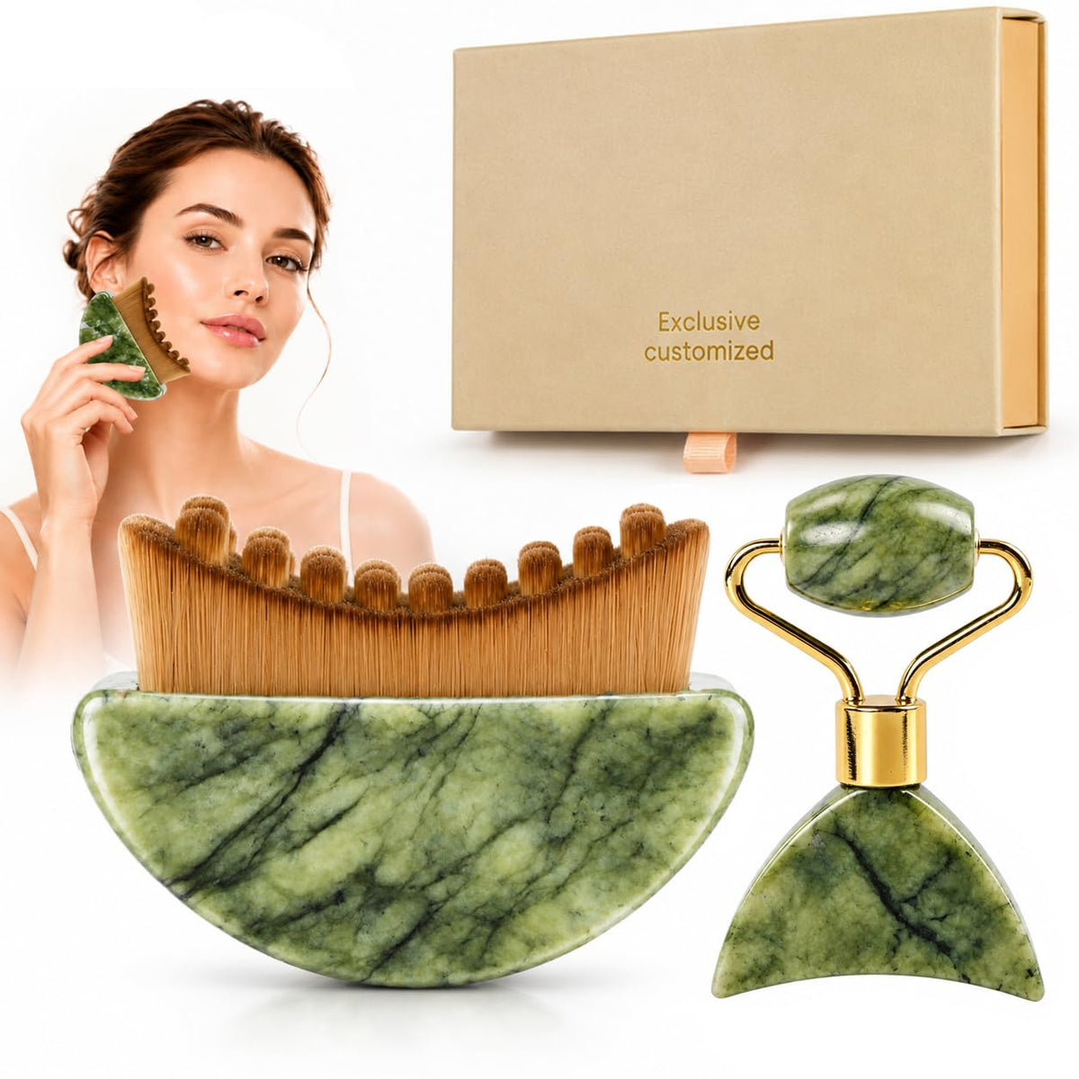 Juego de cepillo facial linfático de jade 2 en 1 y mini rodillo de...