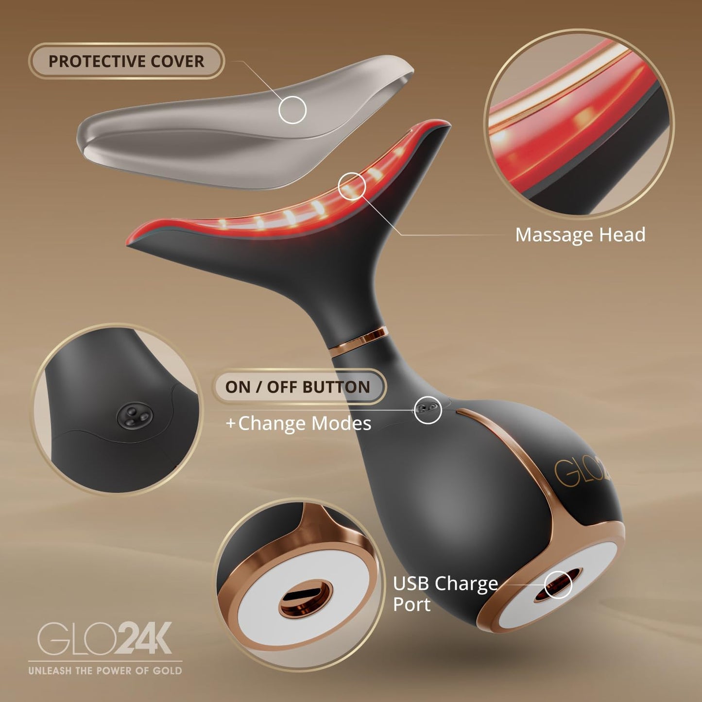 GLO24K - Dispositivo de belleza facial y cuello con luz roja, herra...